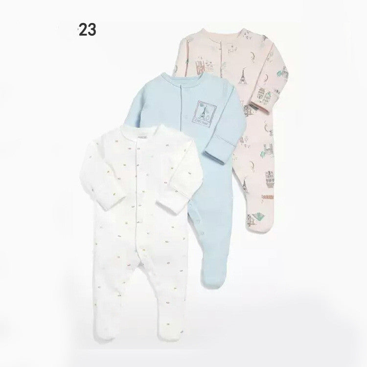 Drie nieuwe baby rompertjes met lange mouwen en voetjes
