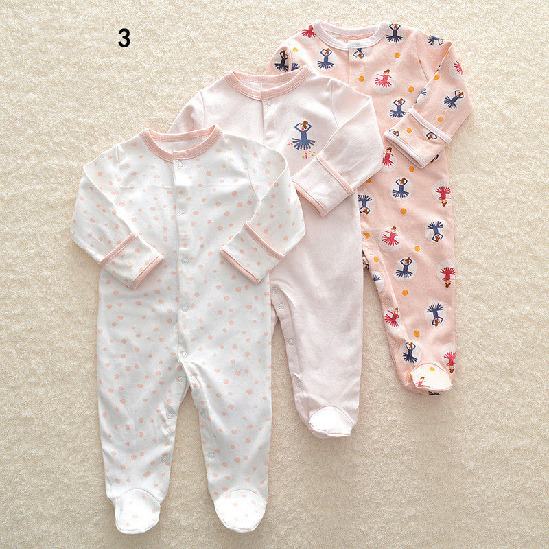 Drie nieuwe baby rompertjes met lange mouwen en voetjes