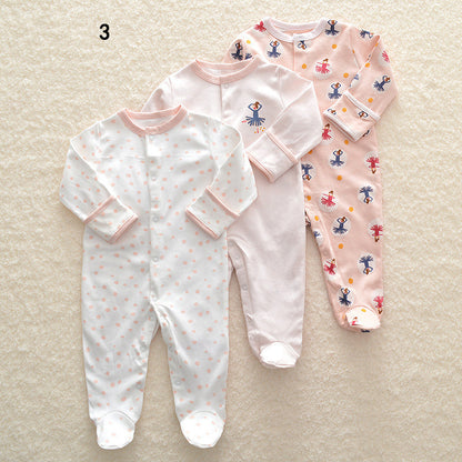 Drie nieuwe baby rompertjes met lange mouwen en voetjes